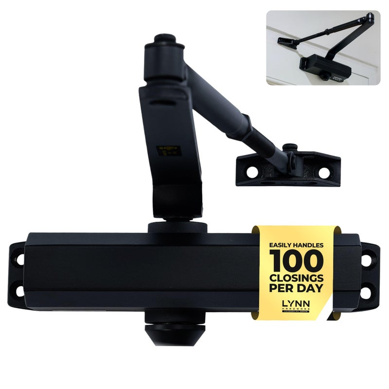 LYNN HARDWARE Medium Duty Automatic Door Closer (Matte Black) - Highly Durable Cast Aluminum, Commercial or Home Use, Adjustable Speed Controls, 3 Mounting Options, 3 Hour Fire Rated (DC6003 Model) - Image 1